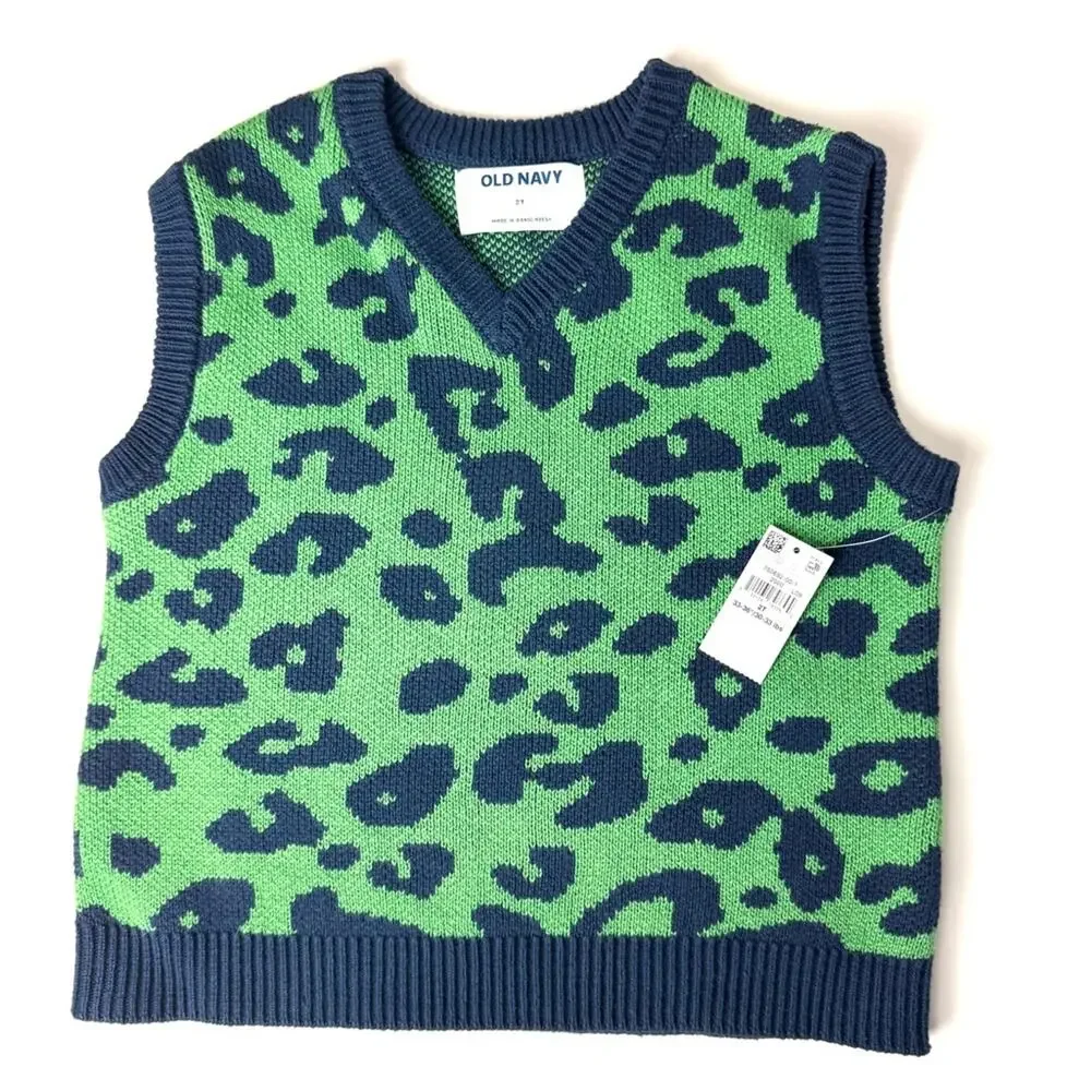 Old Navy Green and Blue Leopard Print Sleeveless V Front Sweater Vest   Sz 2T
